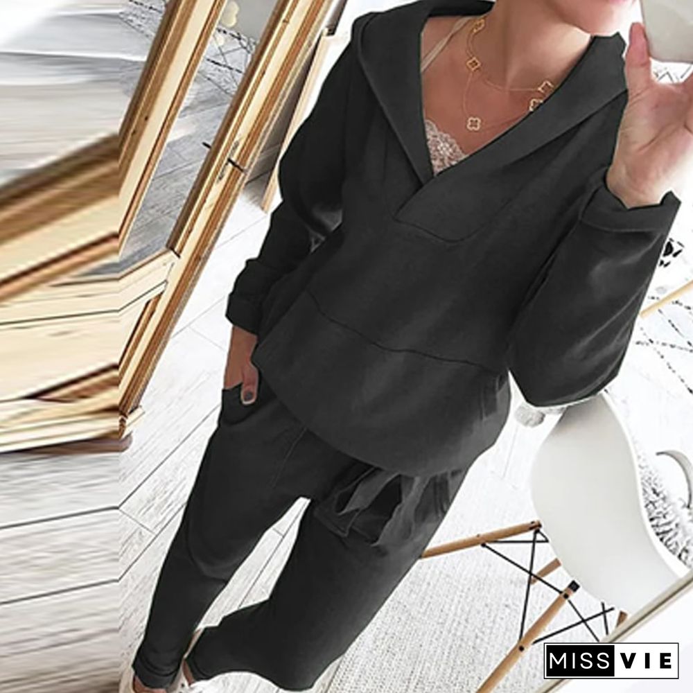 Elegant V Neck Long Sleeve Hoodie And Long Pants Suits Casual Simple Loose Two Piece Sets Women Fashion Sportswear Solid Outfits