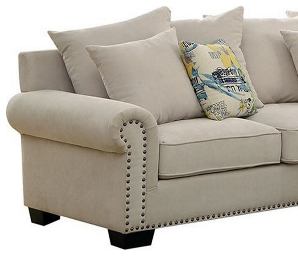 Nailhead Trim Fabric Upholstered Sectional Sofa With Rolled Armrests  Beige   Transitional   Sectional Sofas   by VirVentures  Houzz