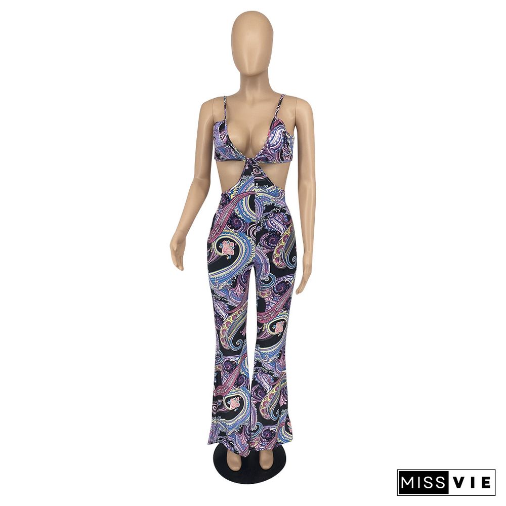 Summer Sexy Women Printed Spaghetti Srap Deep V Neck Hollow Out Skinny One Piece Jumpsuit