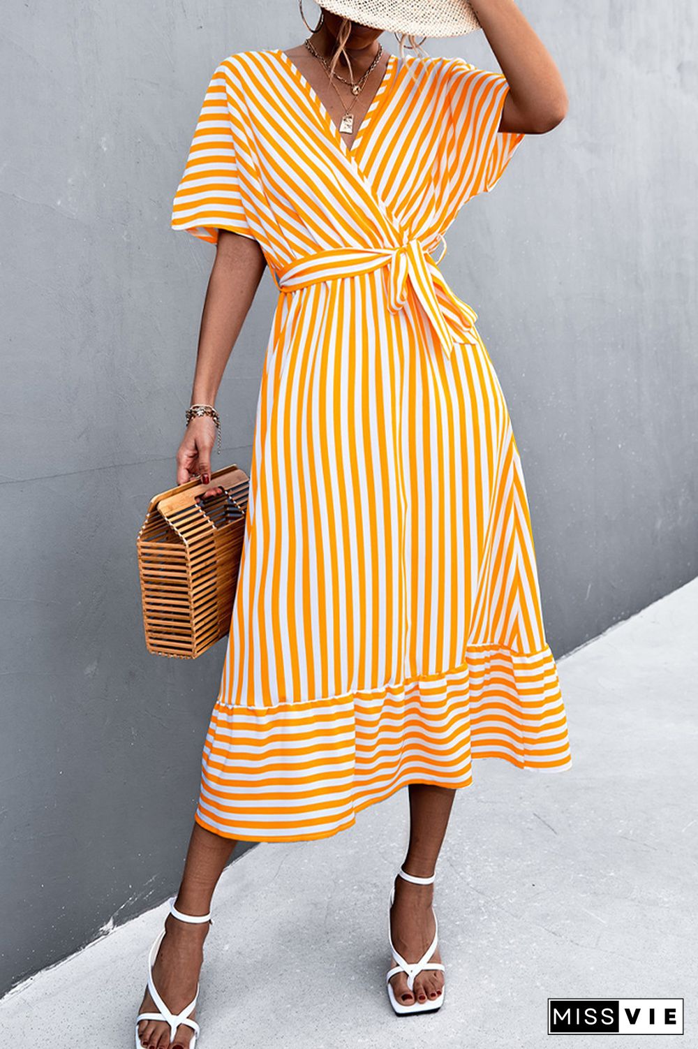 Stripe Print V-neck Short Sleeve Tie Waist Long Dress Wholesale