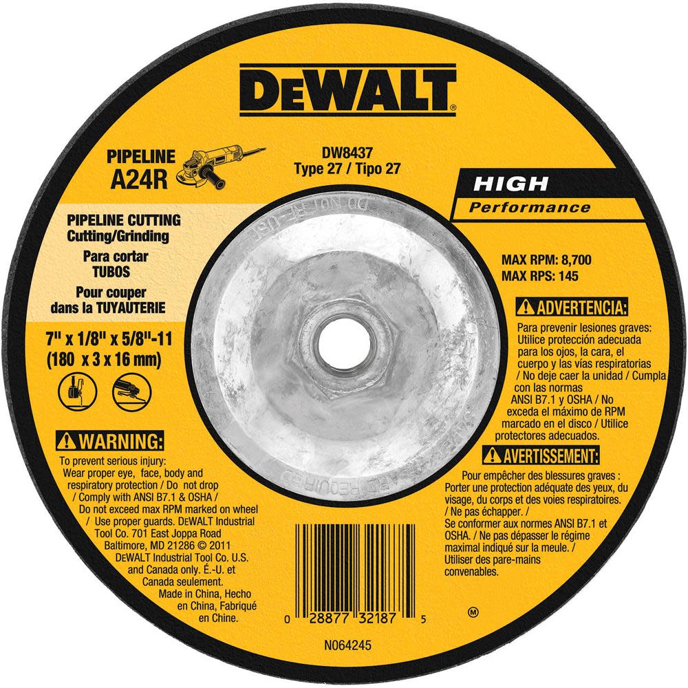 DEWALT 7 In. x 1/8 In. x 5/8 In. to 11 High Performance Pipeline Wheel DW8437 from DEWALT