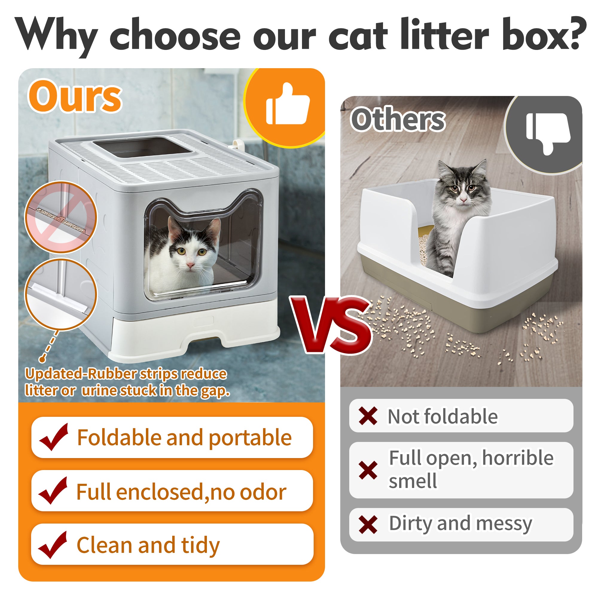 Foldable Cat Litter Box with Lid， Extra Large Covered Litter Box with Cat Litter Scoop， Drawer Type Enclosed Kitty Litter Box， Anti-Splashing Cat Litter Toilet Easy Cleaning and Scoop， Gray