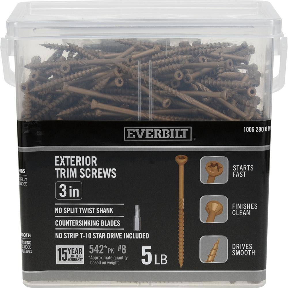 Everbilt #8 x 3 in. Star Drive Trim Head Exterior Wood Screws 5 lbs.-Box (542-Piece) 117365