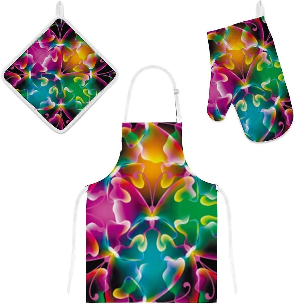 Kitchen Oven Mitts Glove Potholder Apron 3pcs Set Glowing Abstract Butterflies Non Slip Heat Resistant Mitts For Baking Cooking Bbq