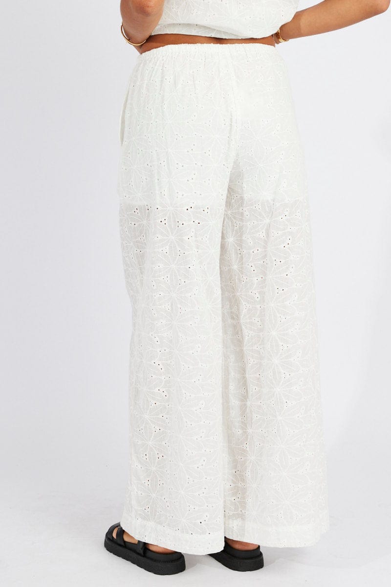White Wide Leg Pants Mid Rise Eyelet