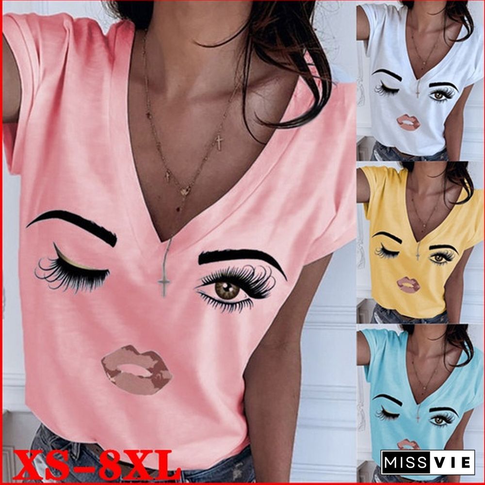 Fashion Women Causal Summer Short Sleeve Eye Lip Printed Graphic Tee Shirt V Neck Plus Size T-shirts Cute Funny Tops Pullover Blouse