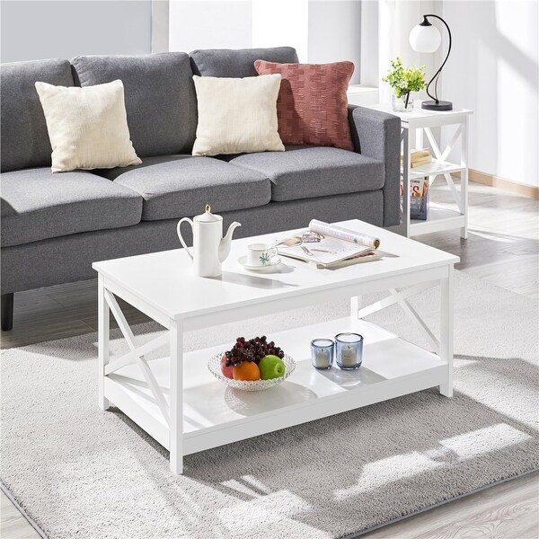 Modern Wood X-Design Rectangle Coffee Table with Storage Shelf， White