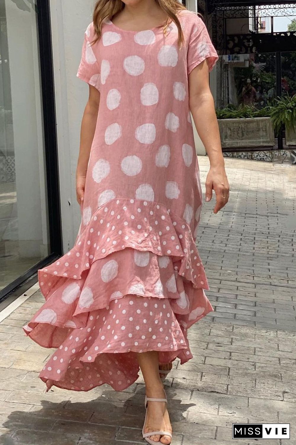 Casual Dot Flounce O Neck Cake Skirt Dresses(5 Colors)