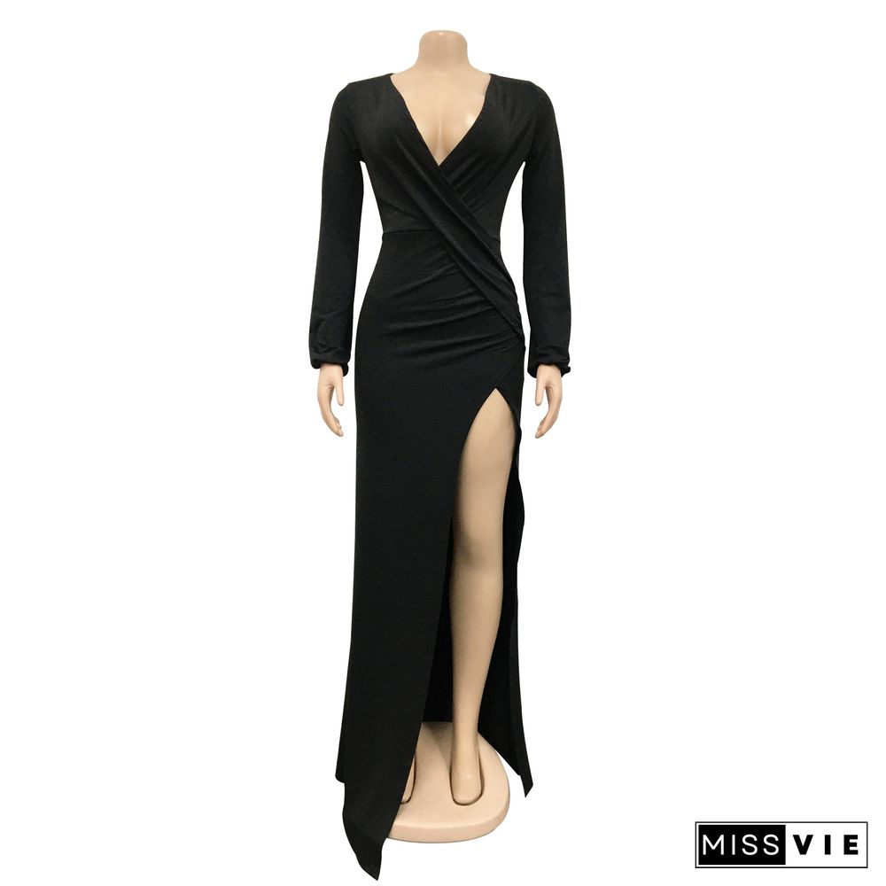 Sexy Deep V Neck High Slit Ruched Evening Dresses