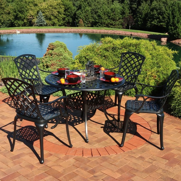 Sunnydaze Outdoor Crossweave Design Black Cast Aluminum Round Patio Dining Furniture Set With Table And Chairs 5pc