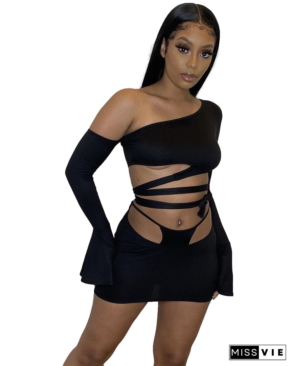 Summer Solid Color Skew Shoulder Flare Long Sleeve Hollow Out Bandage Crop Top Mini Skirt 2 Piece Set