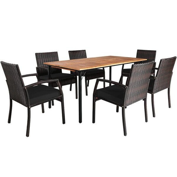 7Pcs Patio Rattan Cushioned Dining Set with Umbrella Hole