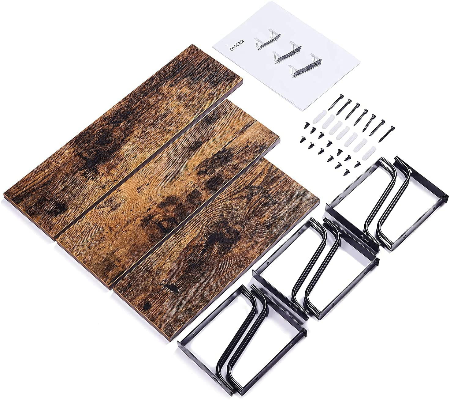 Rustic Wood Floating Shelves Wall Mounted Storage with Metal Brackets Set of 3