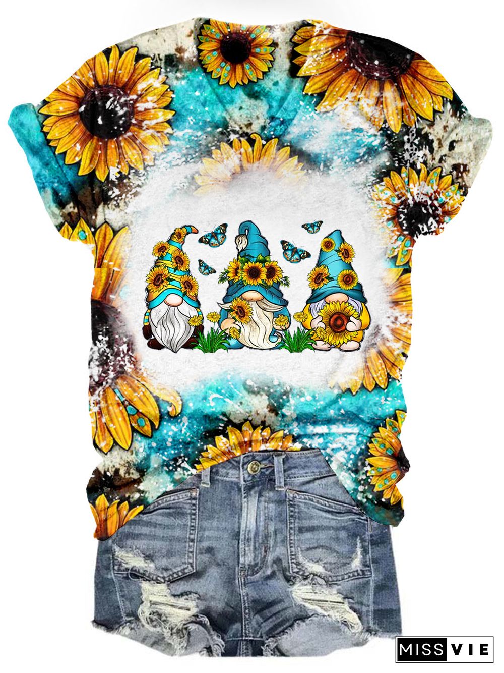 Women's Western Gnome Sunflower Print T-Shirt