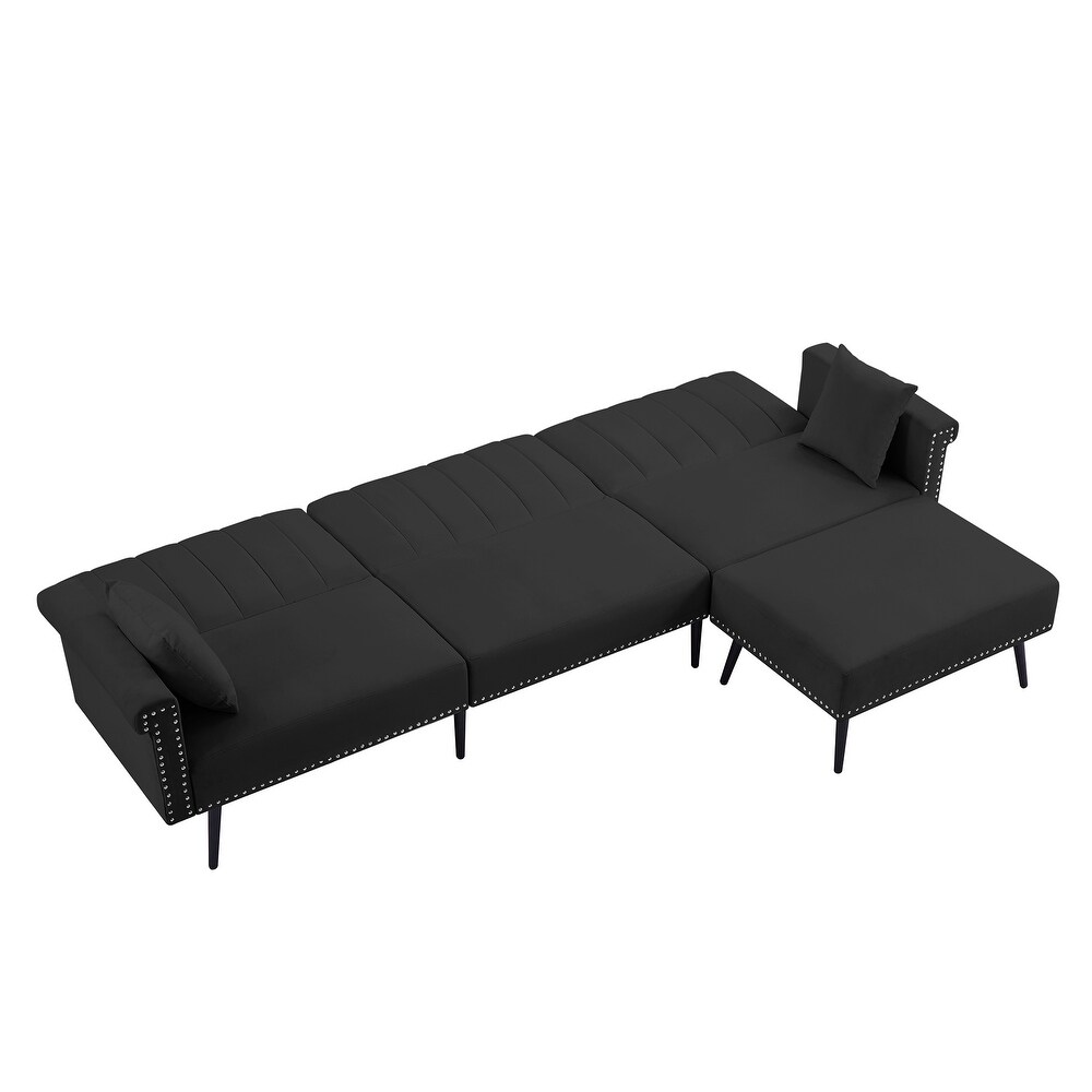 Velvet Upholstered L Shaped Sectional Sofa Convertible Sofa Bed with Nailhead Trim and Ottoman  Adjustable Backrest Positions