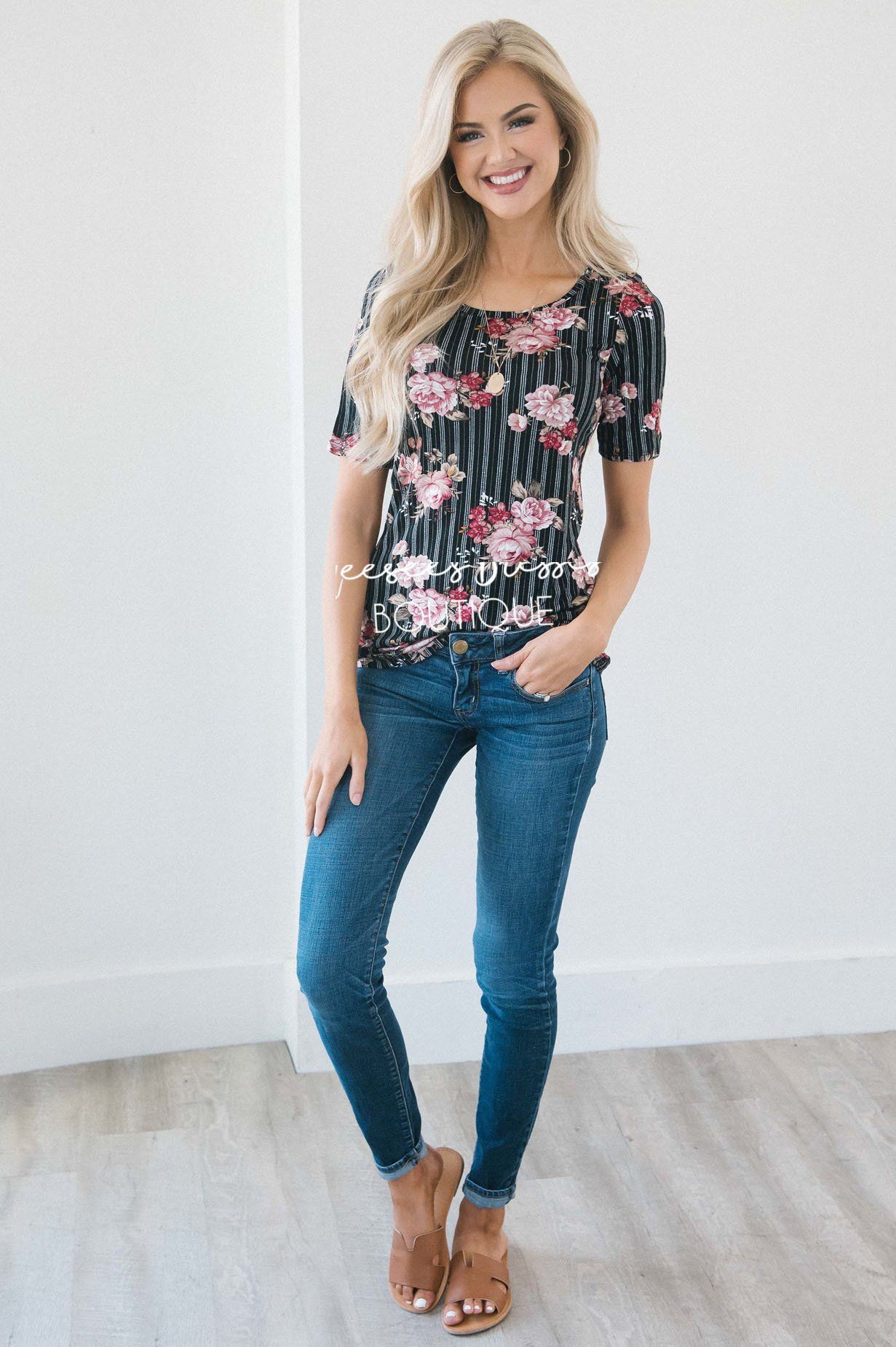 Black Pinstripe Floral Scoop Neck Top