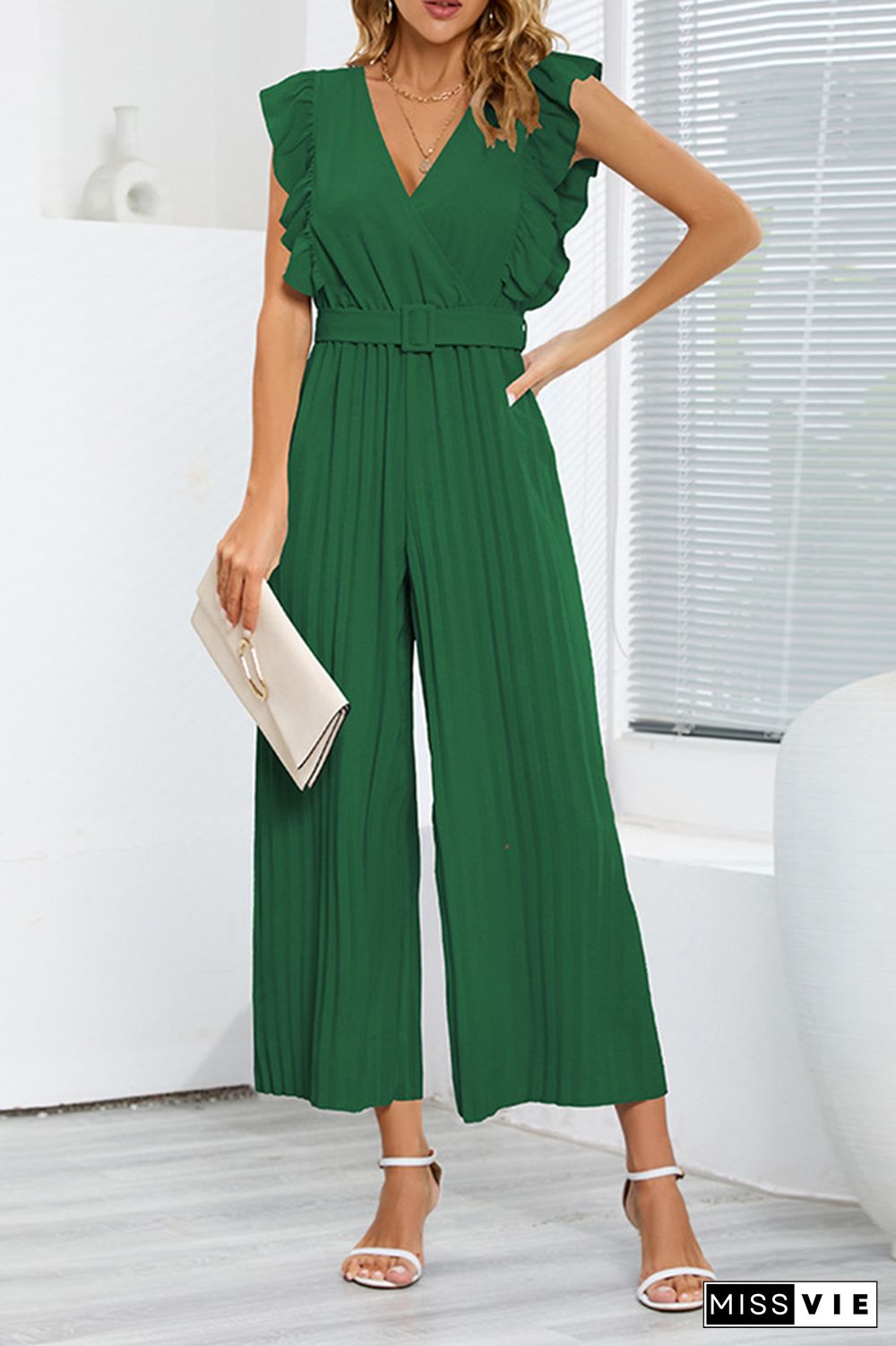 Sleeveless V Neck Ruffle Pleated Wide Leg Jumpsuit