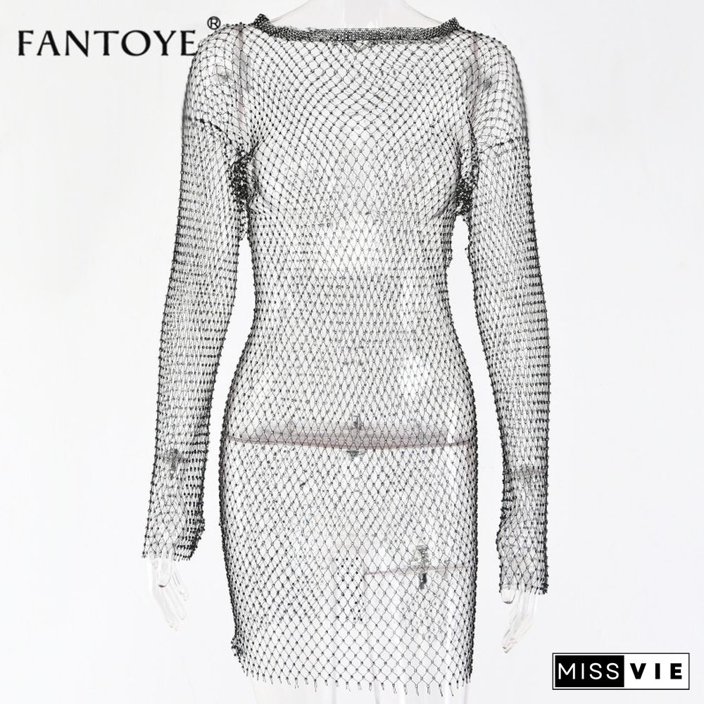 Fantoye New Crystal Diamond Sexy Bodycon Dress Women Hollow Out Mini Dress Summer Fishnet Mesh Beach Dress Party Vestidos