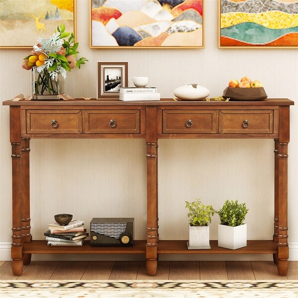 Control table with 2 drawers and bottom shelf， farmhouse couch table with solid wood tapered legs