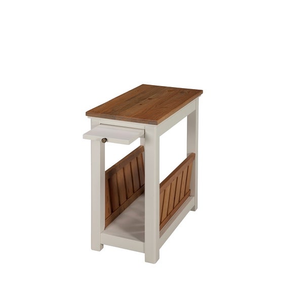 Savannah Chairside Magazine End Table with Pull-out Shelf， Ivory with Natural Wood Top