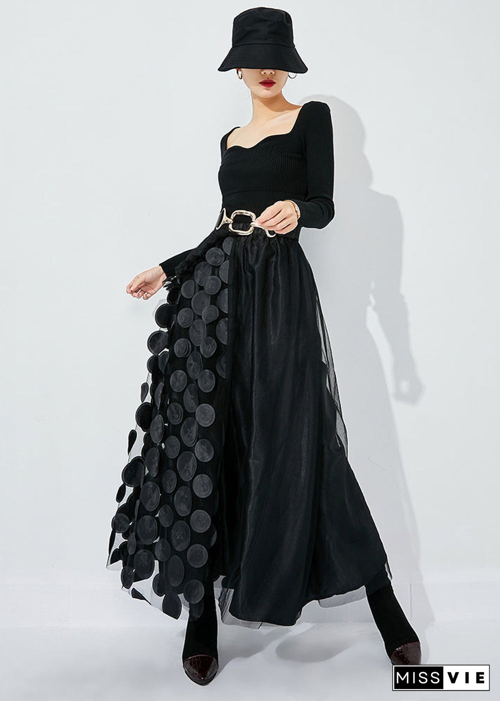 Chic Black-Red Dot Ruffled Patchwork Dot Tulle A Line Skirts Summer