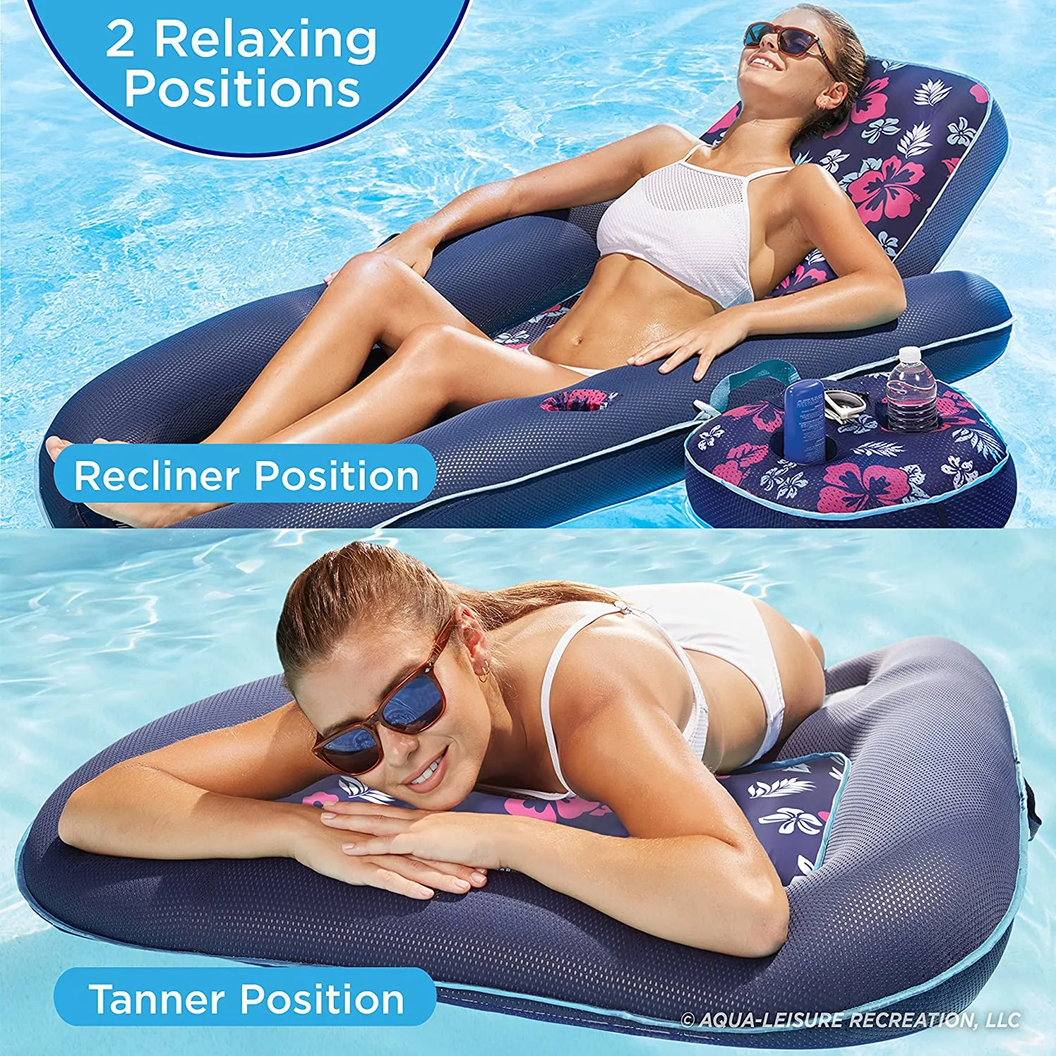 Aqua Campania Ultimate 2-in-1 Pool Float Lounge – Extra Large – Inflatable Pool Floats for Adults with Adjustable Backrest and Cupholder Caddy – Navy Hibiscus