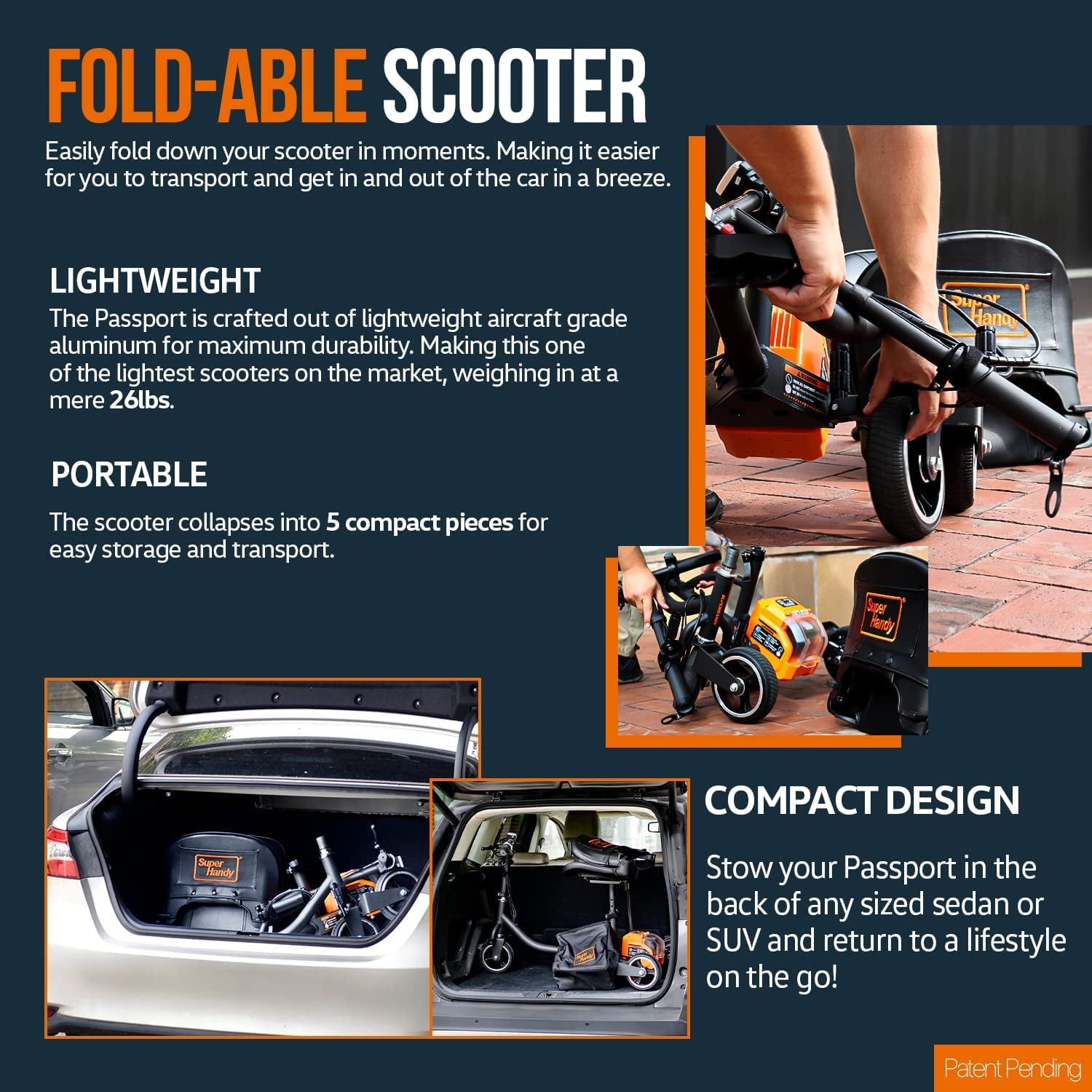 SuperHandy Mobility Scooter 3-Wheel Folding - Lightweight, Long Range, 48V 2Ah Battery System