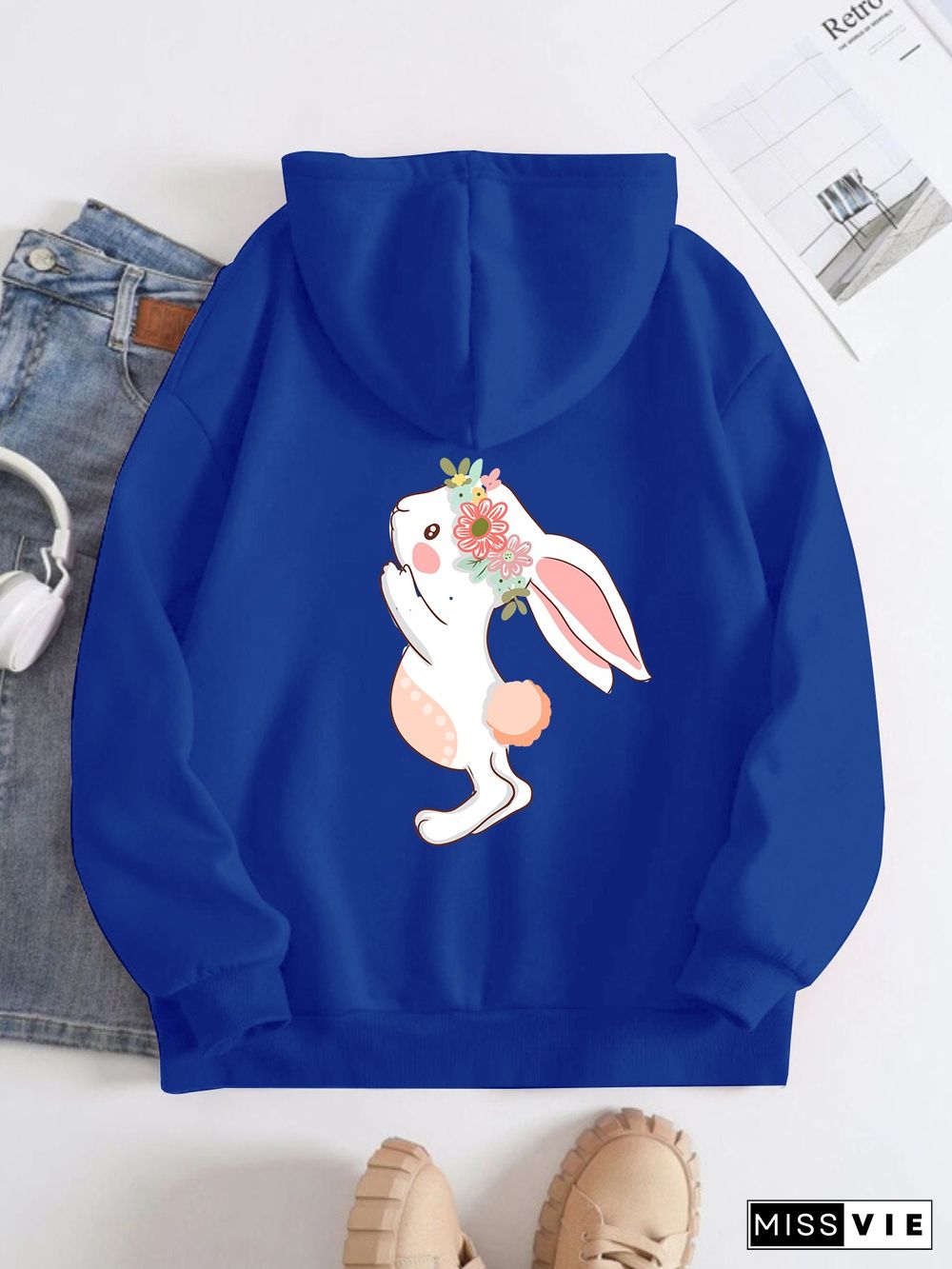 Printed on the Back Kangaroo Pocket Hoodie Long Sleeve for Women Pattern Rabbit Wearing Flowers