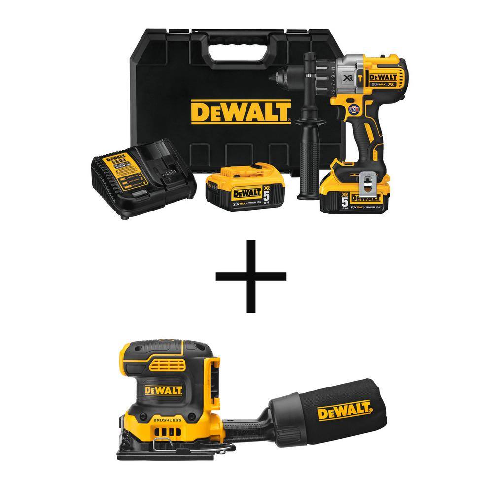 DW 20V MAX XR Cordless Brushless 12 in. Hammer Drill Kit and 20V Brushless 14-Sheet Variable Speed Sander (Tools Only) DCD996P2WDCW200