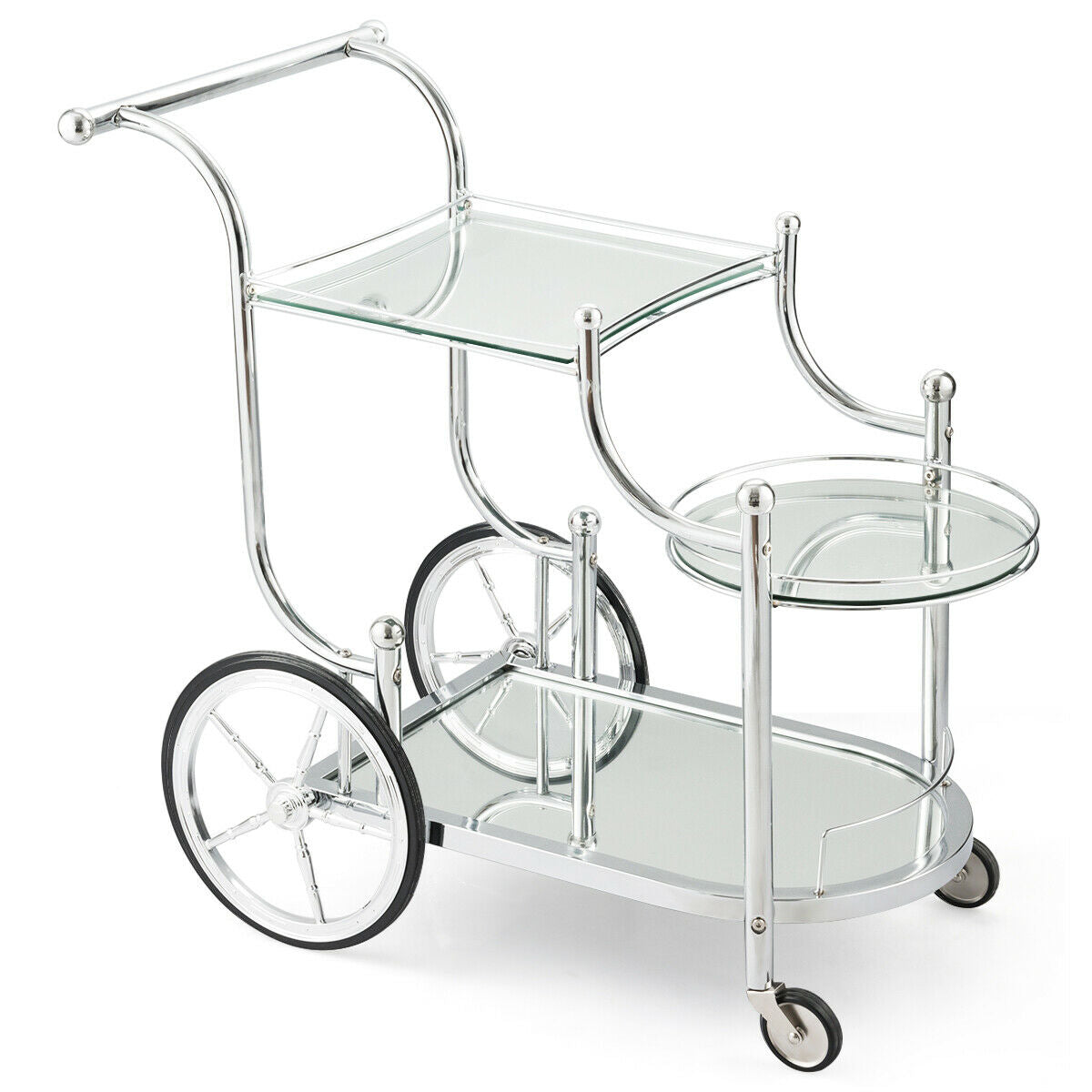 Gymax Serving Cart Kitchen Bar Wine Tea Cart Glass Shelves and Metal Frame with Wheels