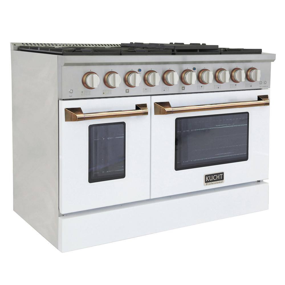 Kucht Custom KNG 48 in. 6.7 cu. ft. Natural Gas Range Double Oven with Convection in White with White Knobs and Gold Handle KNG481-W-GOLD