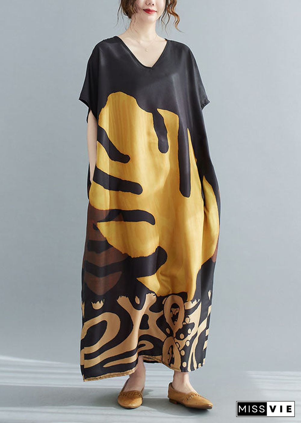 Loose Black - texture V Neck Oversized Leaf Print Chiffon Long Dress Short Sleeve