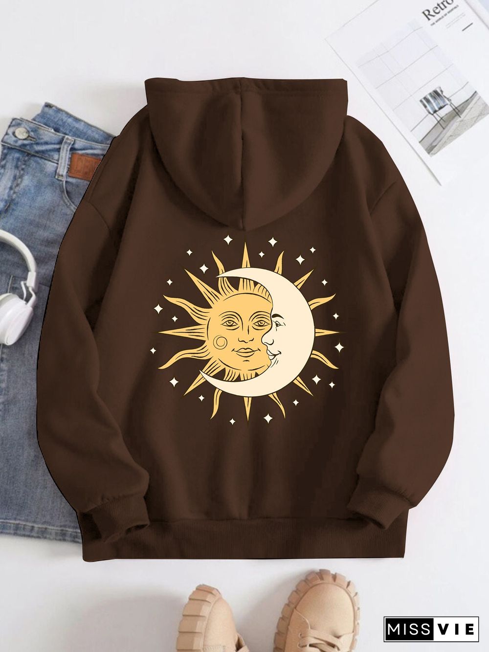 Printed on the Back Kangaroo Pocket Hoodie Long Sleeve for Women Pattern Sun and Moon Painting