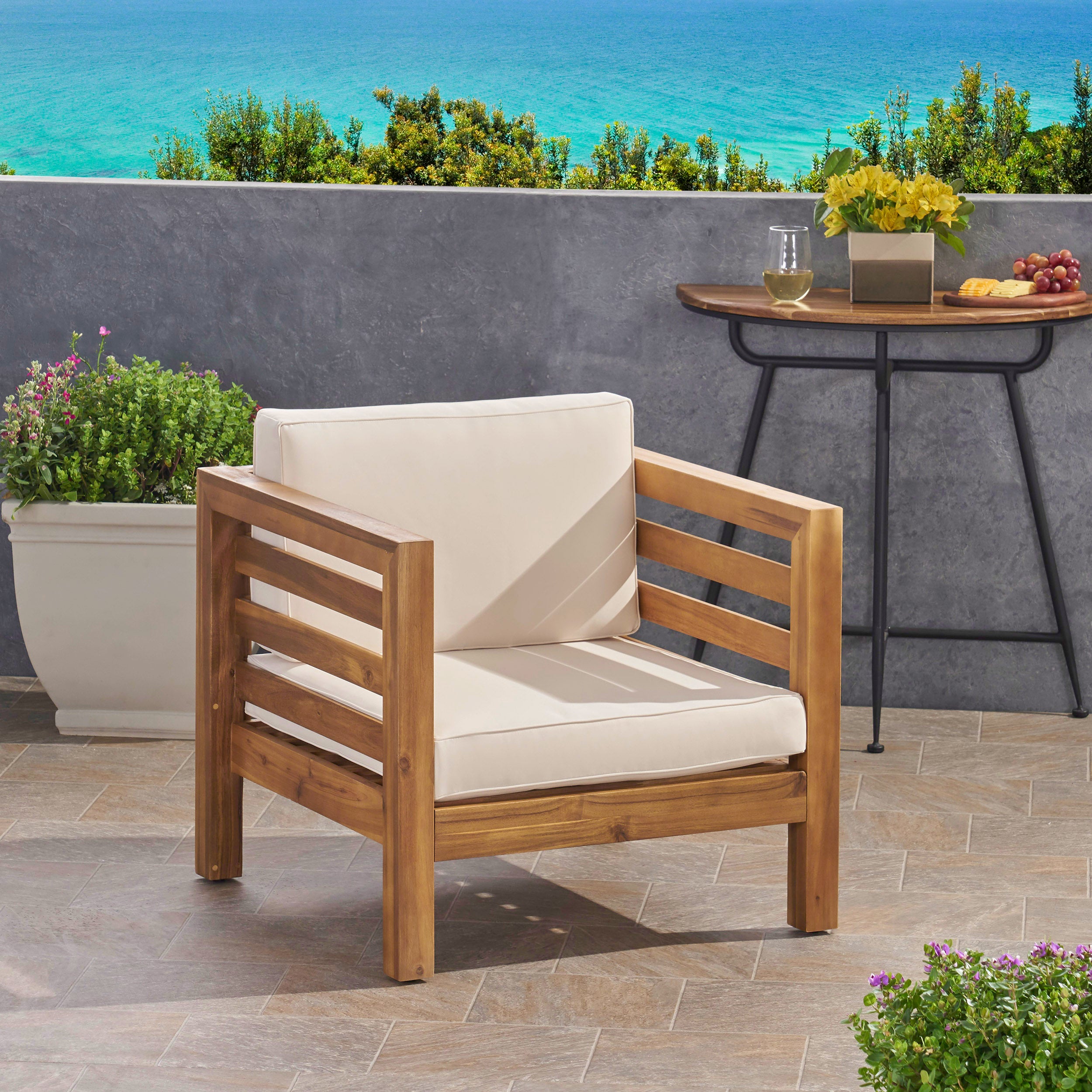 Louise Outdoor Acacia Wood Club Chair with Cushion