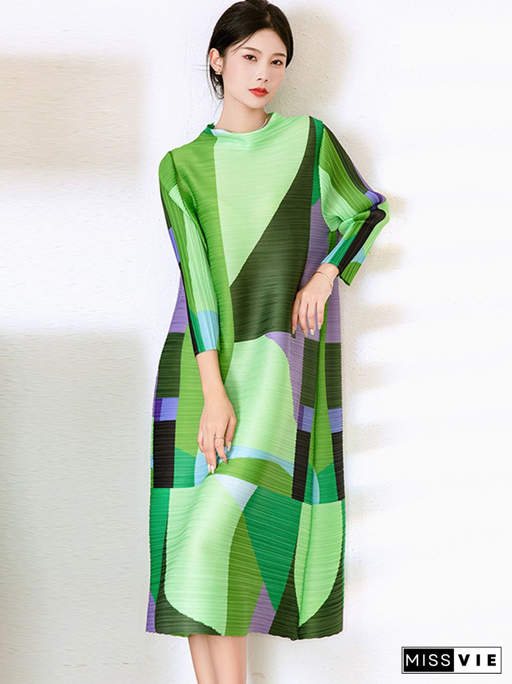 Original Loose Contrast Color Split-Joint Midi Dress