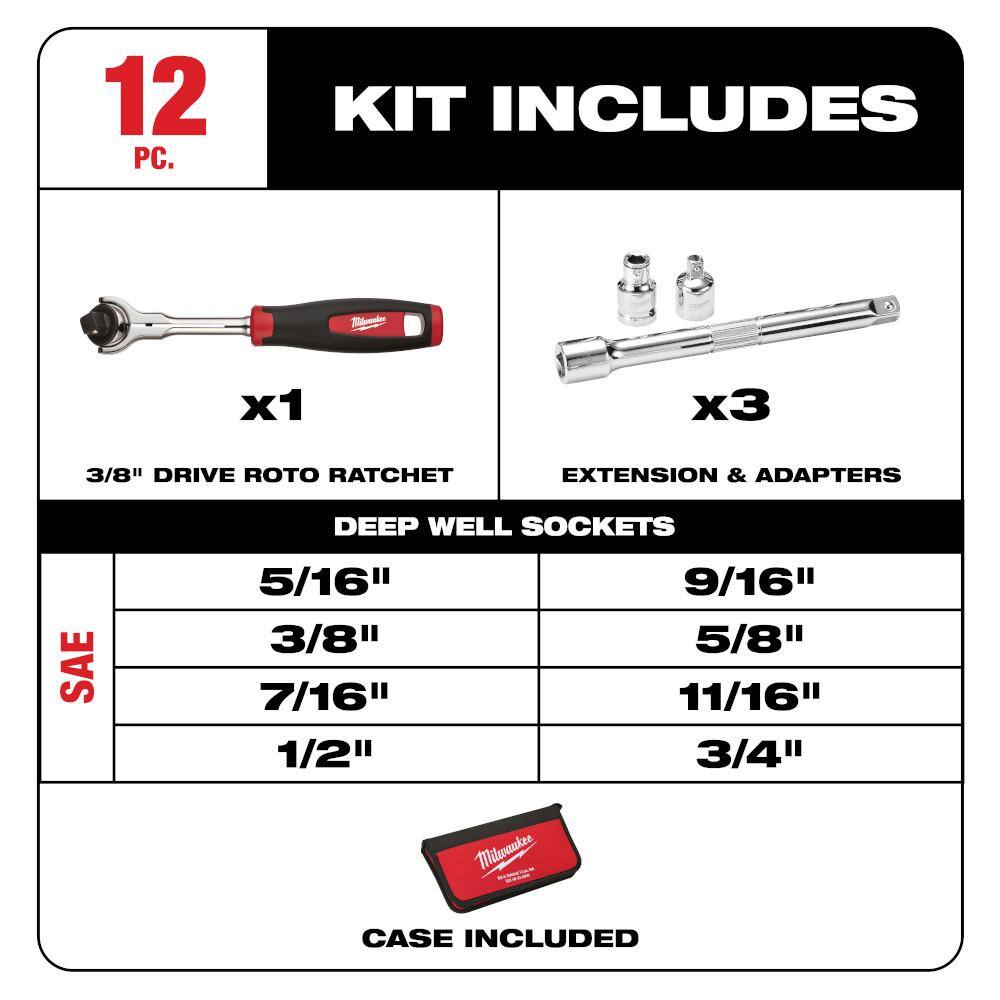 MW 38 in. Drive SAE Socket Set (12-Piece) 48-22-9000