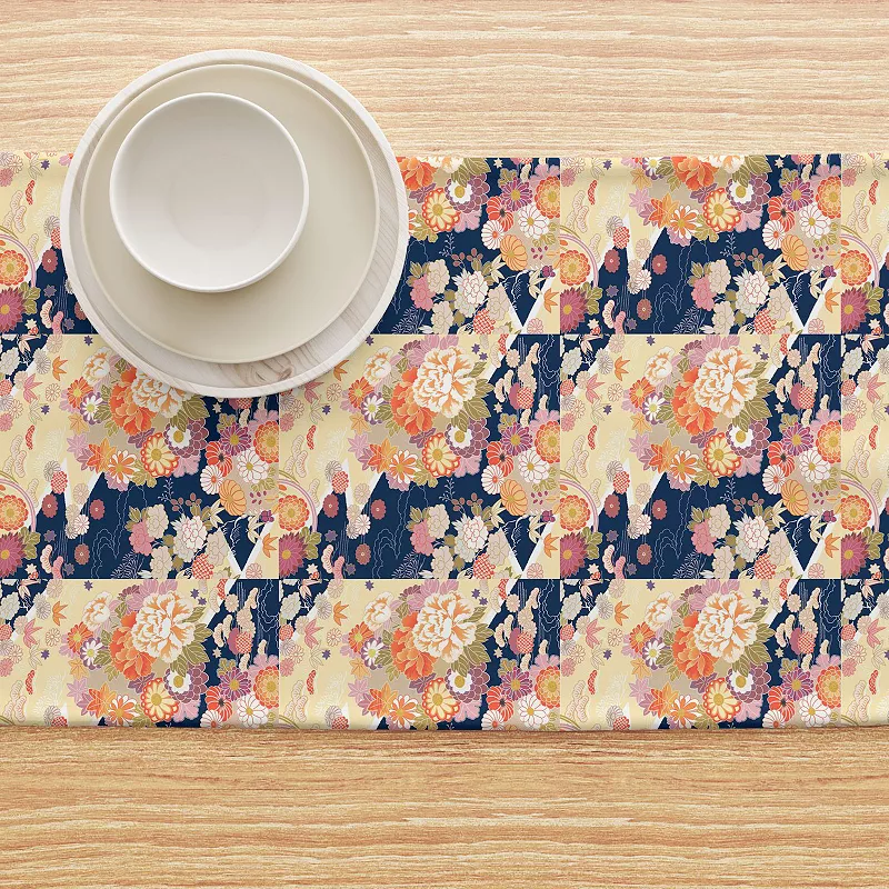 Table Runner， 100% Cotton， 16x90， Japanese Flower Pattern