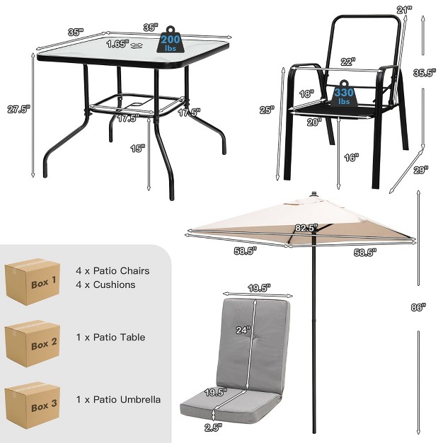 Costway 6pcs Patio Dining Set Stackable Chairs Cushioned Glass Table W umbrella