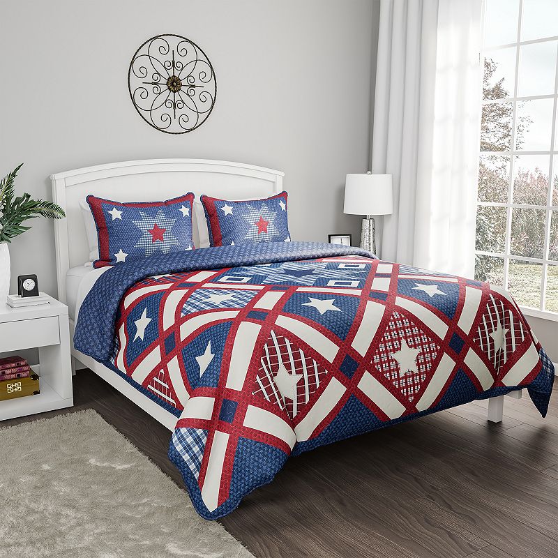 Portsmouth Home Hypoallergenic Microfiber Homestead Patriotic Americana Print 3-Piece Quilt Set