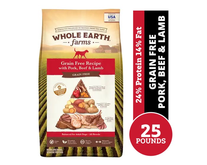 Whole Earth Farms Grain Free Recipe Dry Dog Food with Pork， Beef  Lamb， 25 lb. Bag