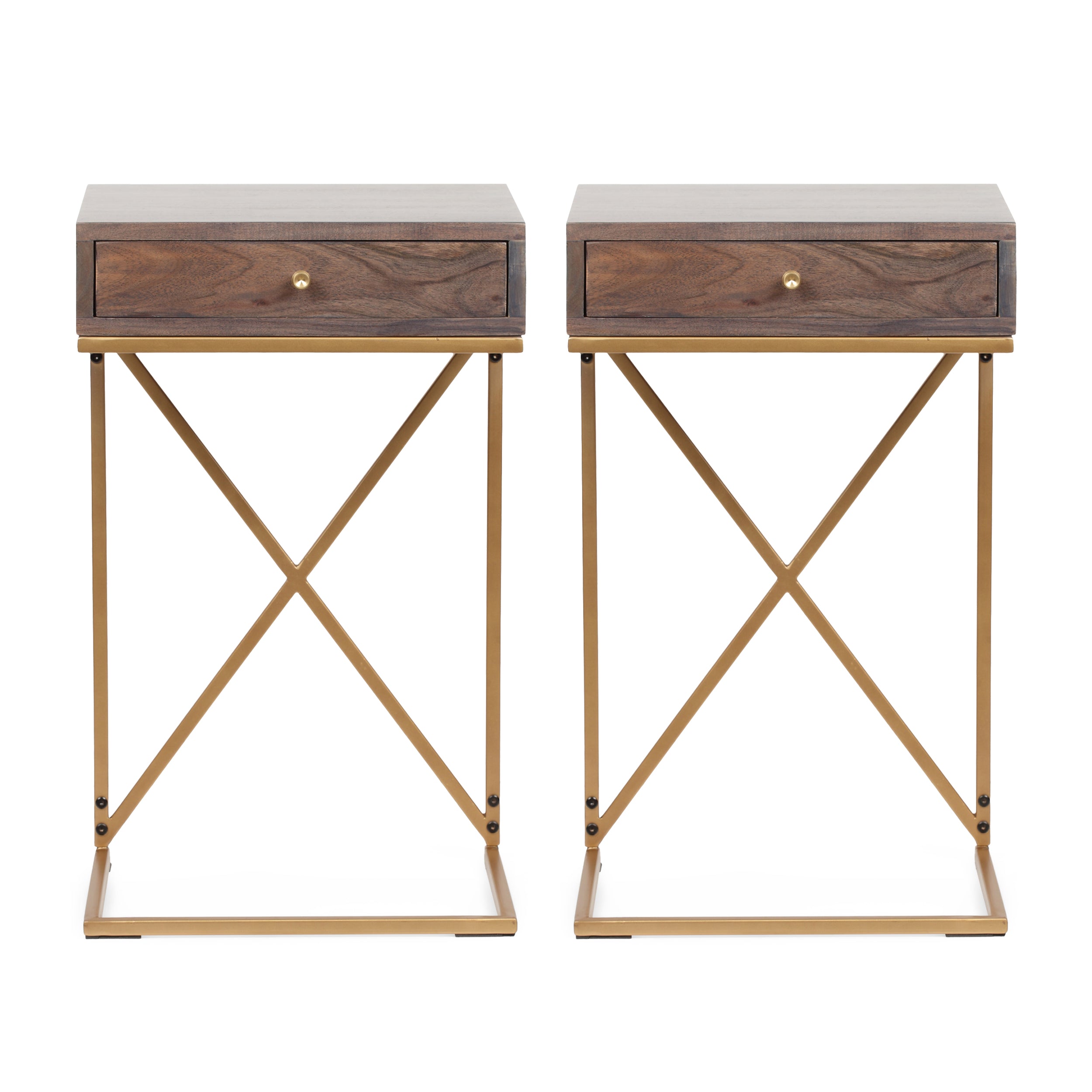 Darke Rustic Glam Handcrafted Acacia Wood C-Shaped Side Tables, Set of 2, Dark Brown and Gold