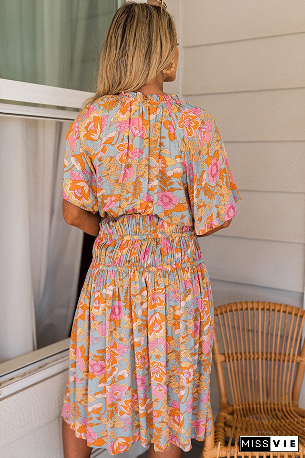 Boho Wide Sleeve Smocked Waist Floral Dress