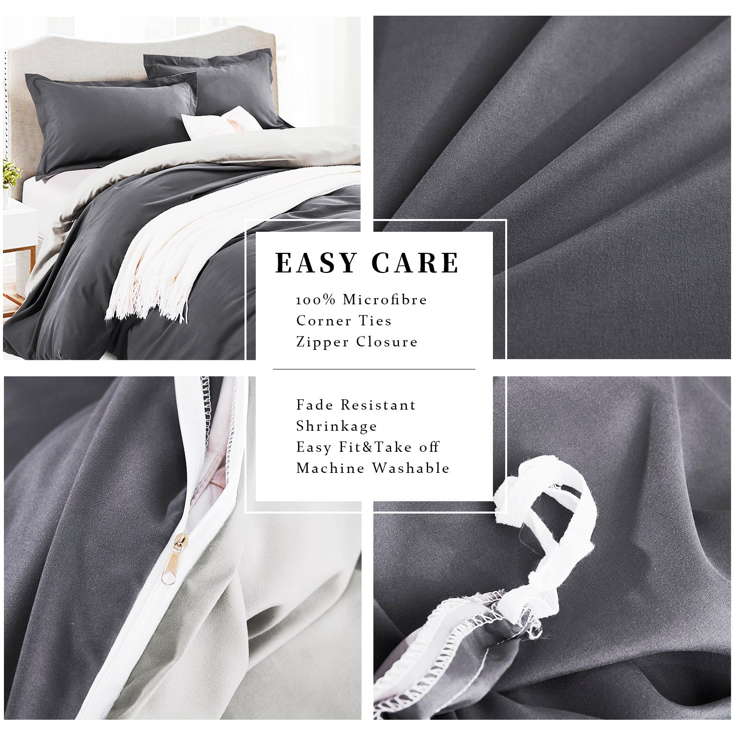 Super Soft Microfiber White / Gray Duvet Cover Zipper Closure  with 4 Corner Tabs Twin King Size