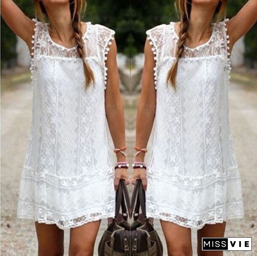 Summer dresses for women Summer Dress Fashion Sexy Women Casual Sleeveless Beach Short Tassel Solid White Mini Lace Vestidos Plus Size(S-5XL)