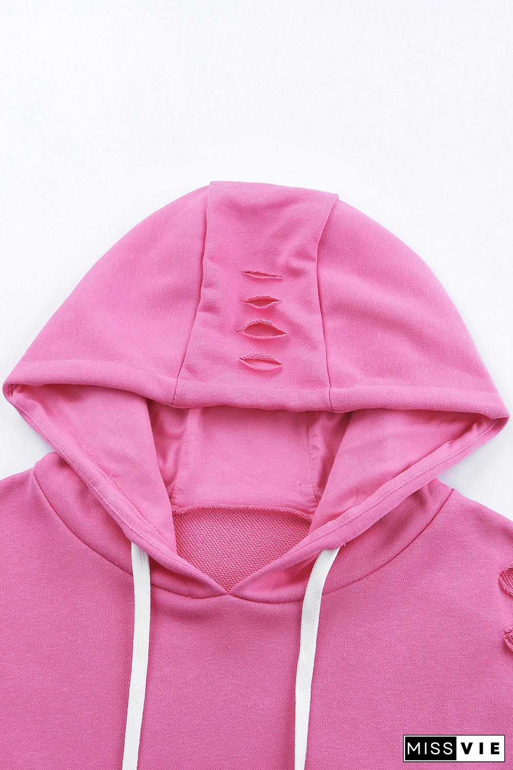 Solid Ripped Hooded Sweatshirt With Kangaroo Pocket