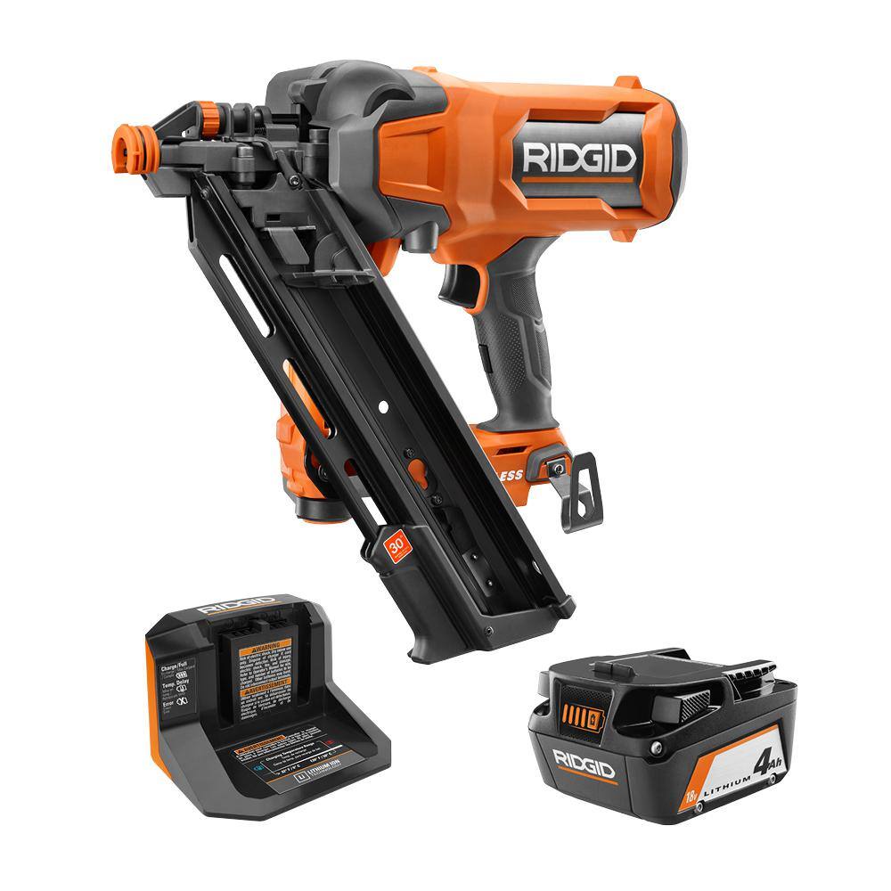 RIDGID 18V Brushless Cordless 30-Degree Framing Nailer Kit with 4.0 Ah Battery and Charger R09895KN