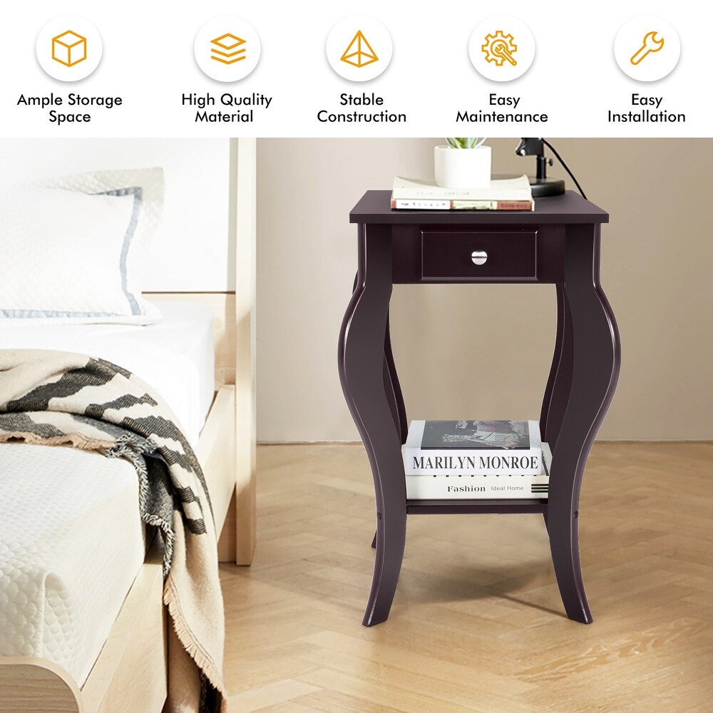 Costway End Side Table with Drawer Bottom Shelf Accent Nightstand   15''x 15'' x 23.5''