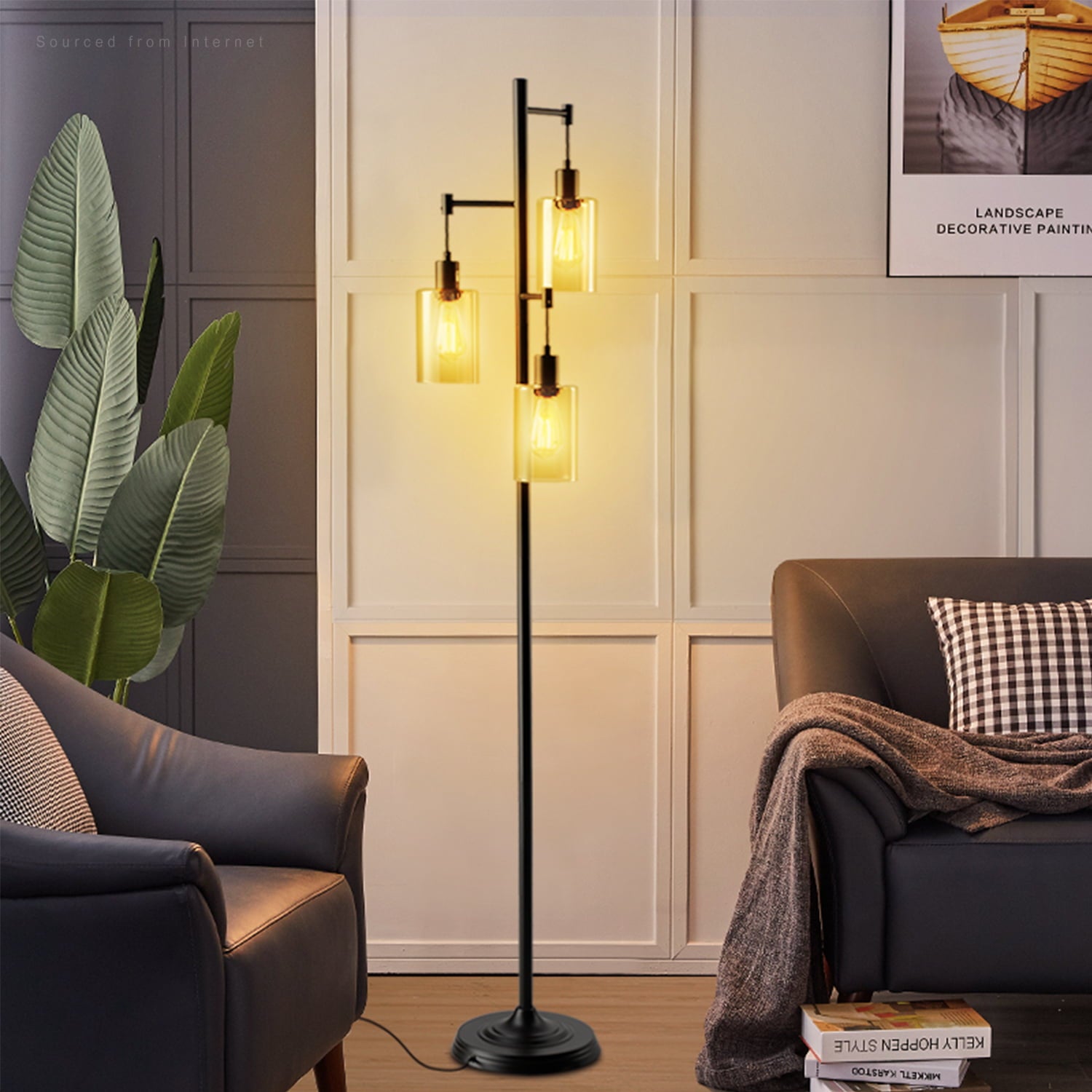 LEONLITE 3-Head Hanging Amber Glass Color Shade Bulbs Included Farmhouse Floor Lamp