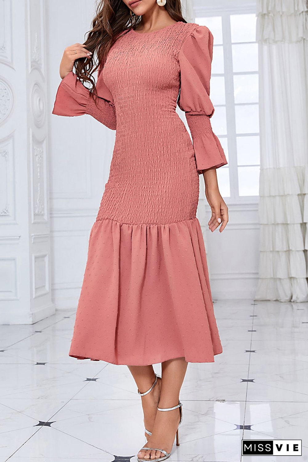 Elegant Solid Fold O Neck Wrapped Skirt Dresses