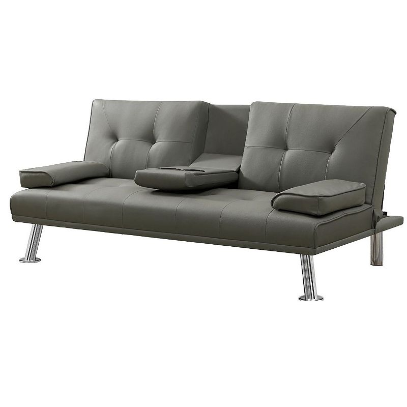 F.c Design Grey Pu Sofa Bed With Cup Holder - Comfortable And Stylish Convertible Sleeper Sofa